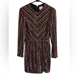 Saylor - Black & Metallic Rainbow Sequin Striped Long Sleeve Dress Sz XS